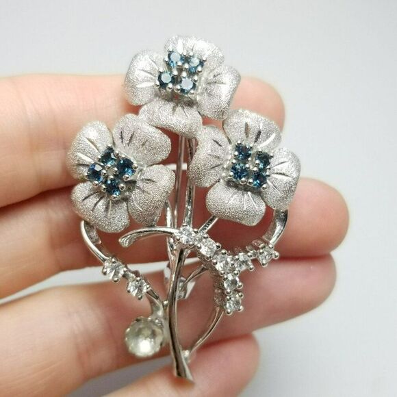 Vintage Sterling Silver Blue Rhinestone Flower Brooch, Estate Lapel Pin - Picture 1 of 7